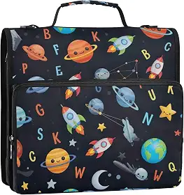 Fichários fofos de desenhos animados de planetas de 3,8 cm, 3 anéis, organizador de fichário de ensino médio, bolsa para fichário de ensino médio com alça, comporta 500 folhas, 34,5 x 31,5 x 9 cm