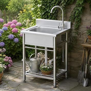 Stainless Steel Sink, Free Standing Kitchen Sink with Countertop Workstation, Utility Sink Single Bowl with Cold and Hot Water Pipe for Kitch Laundry Room Garage Farmhouse Indoor Outdoor 22 Inch