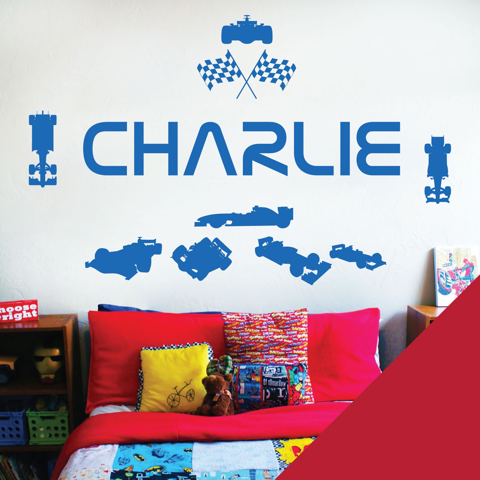 Personalised Name Children Wall Art Sticker - Racing Driver Formula 1 Cars Sport [Medium] [Cherry]