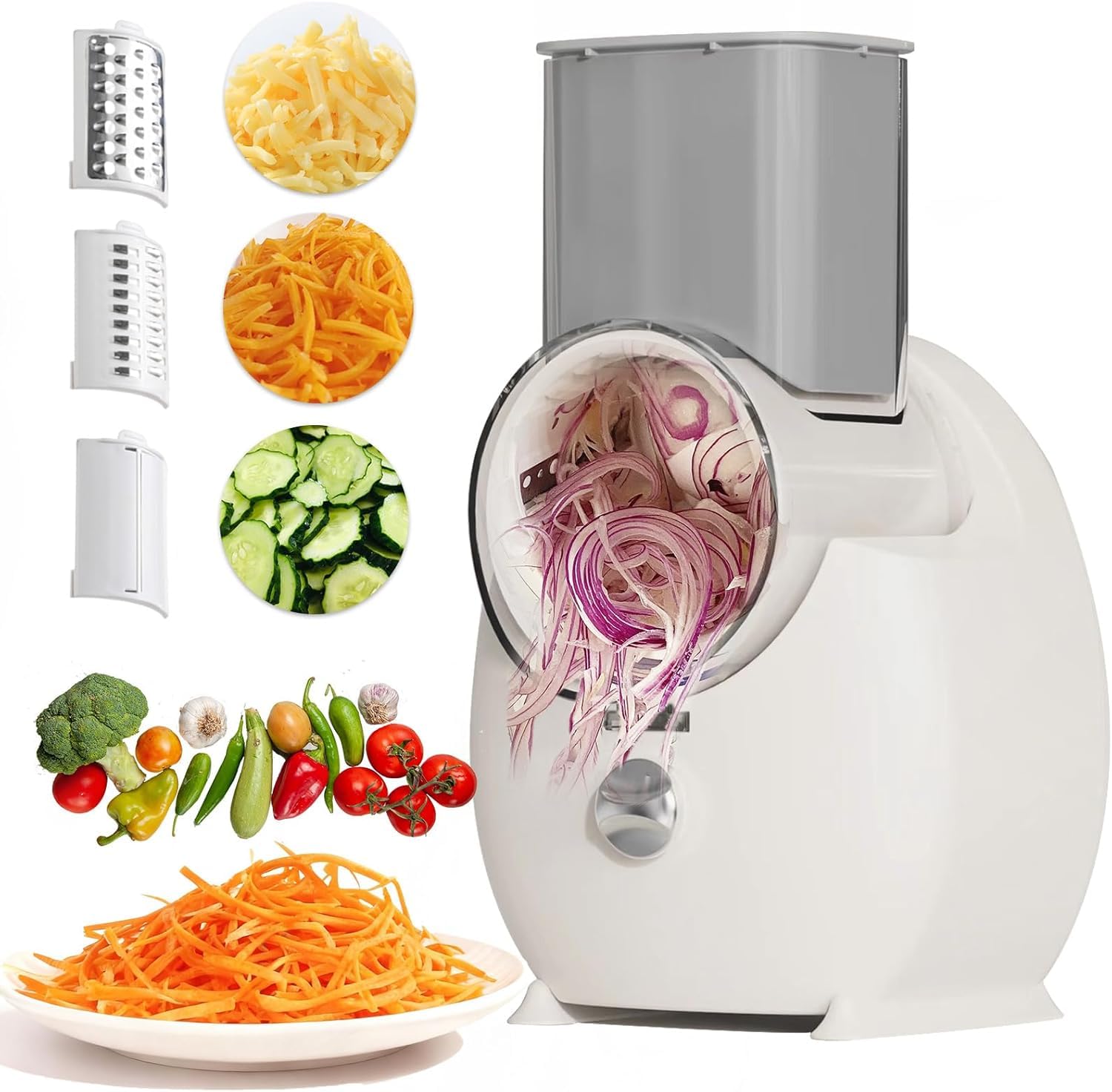 Electric Cheese Grater,3 In 1 Electric Grater For Home Kitchen,One-Touch Easy Control Salad Shooter Cheese Grater For Block Cheese Vegetable Cucumber Nuts(Milky-White)