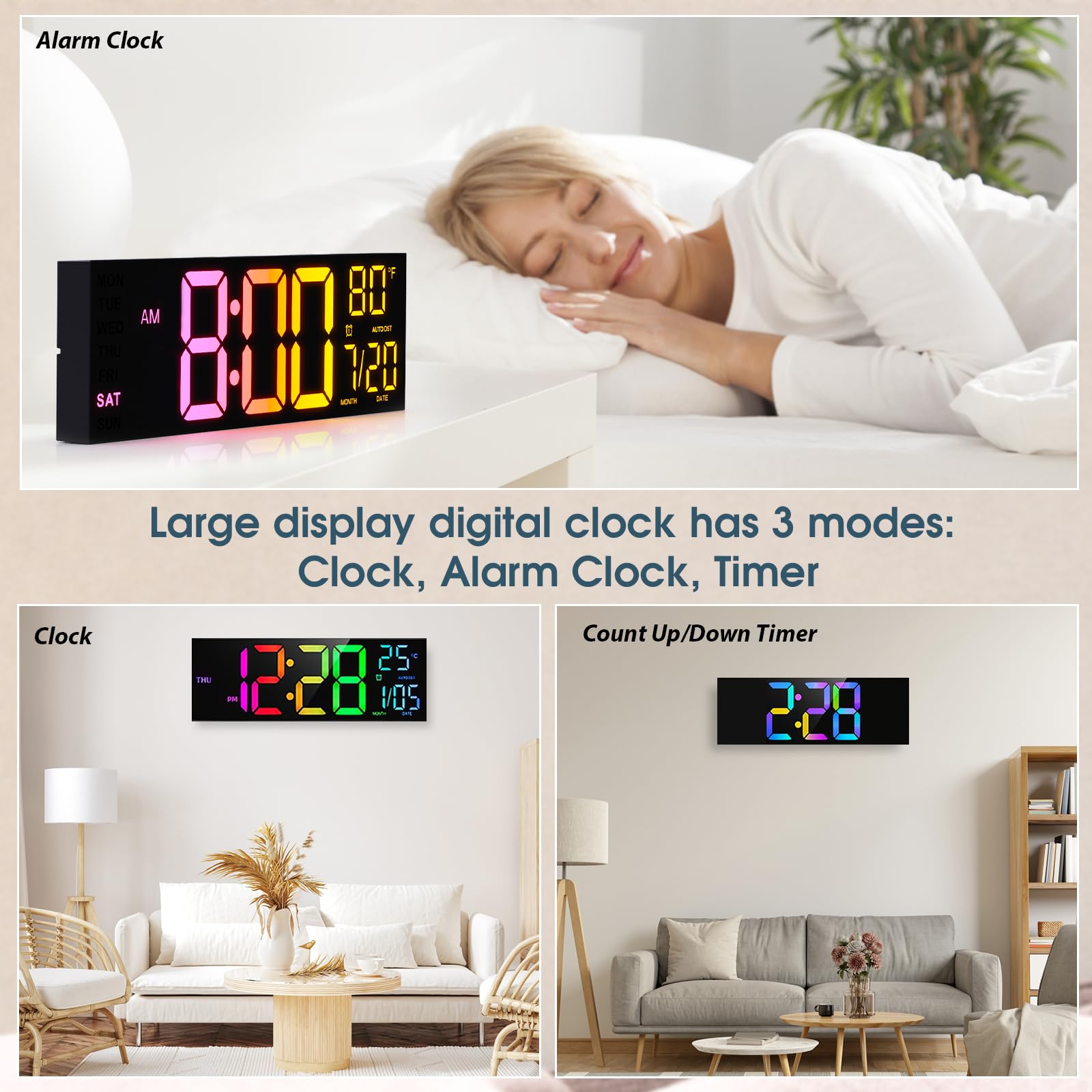 16 inch grote digitale wandklok met afstandsbediening, dubbel led-alarm