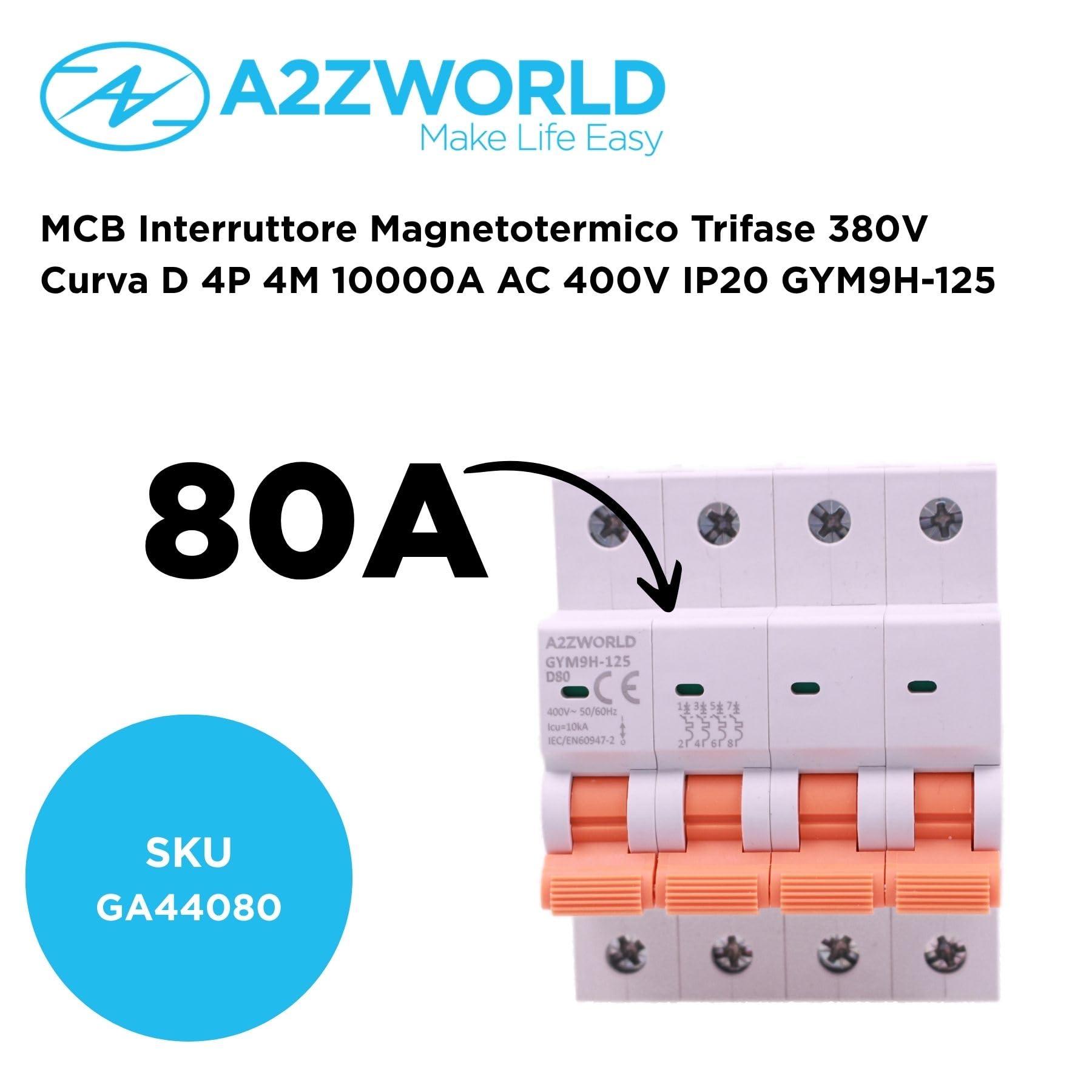 4 interruptores magnetotérmicos trifásicos 4P 80A D80, curva D 10kA, 4 módulos DIN 380 V AC, certificado IEC60898-1, serie GYM9H-125 profesional
