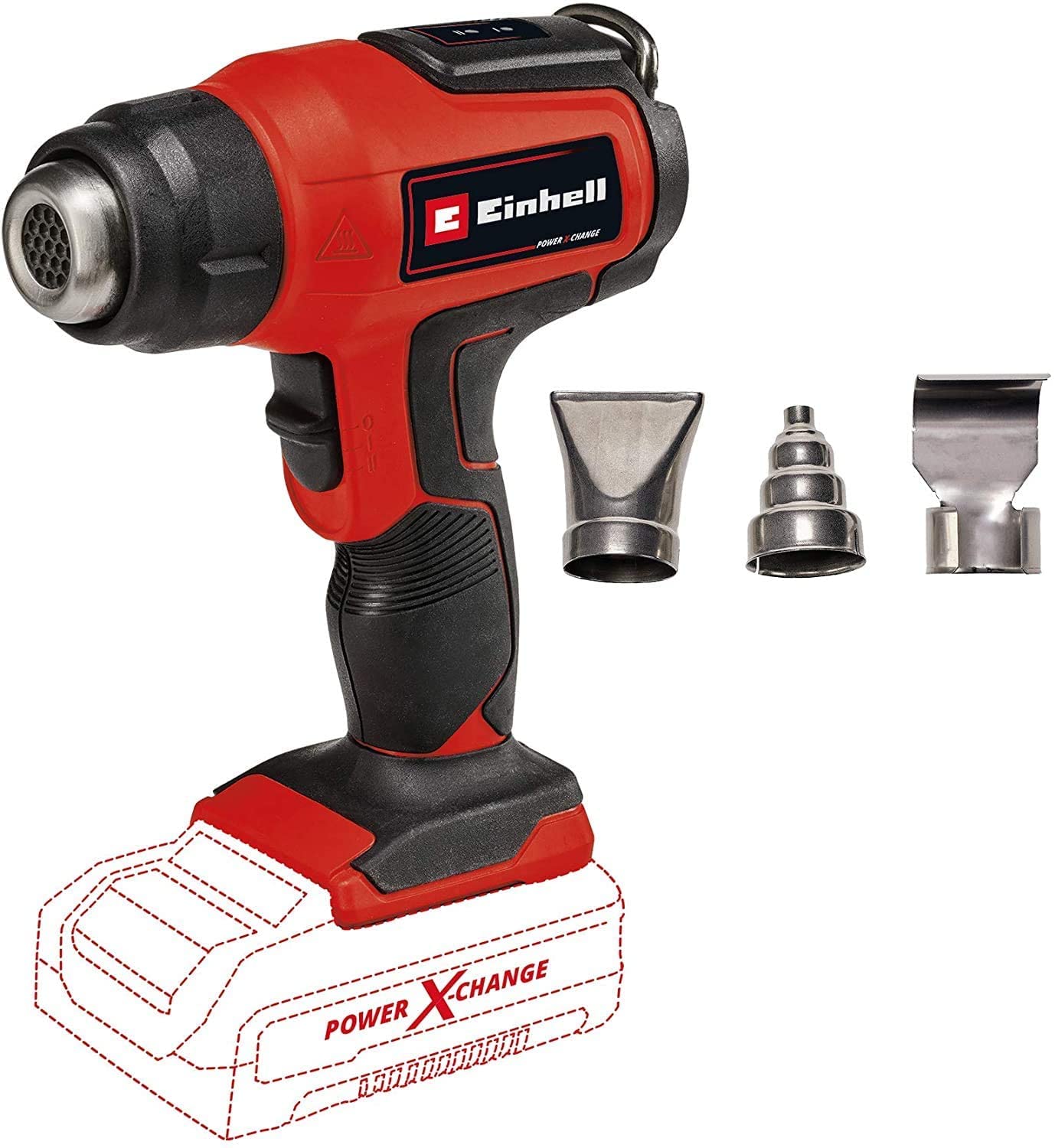 Einhell Pistola de aire caliente a batería - TE-HA 18 Li Power X-Change, Temperatura máx. 500 °C, máx. 200 L/min, 2 escalones de temperatura, incluye 1 batería de 2.5Ah y cargador individual