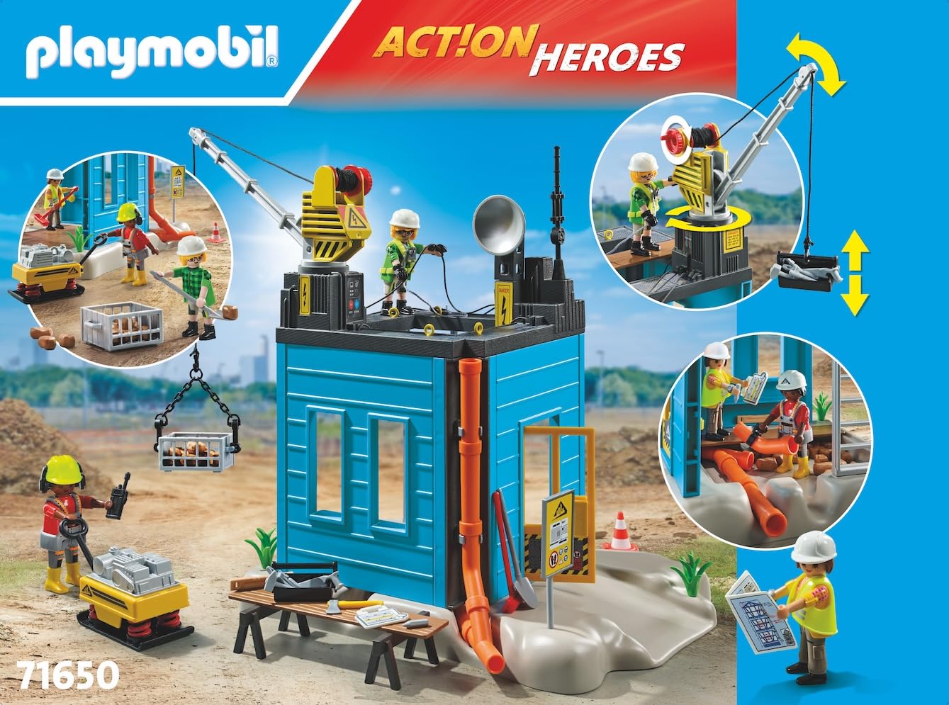 PLAYMOBIL Action Heroes Promo Pack 71650 Plac budowy, w zestawie trzy figurki, ruchomy dźwig i wiele dodatkowych akcesoriów, zestaw odpowiedni dla dzieci od 4 roku życia