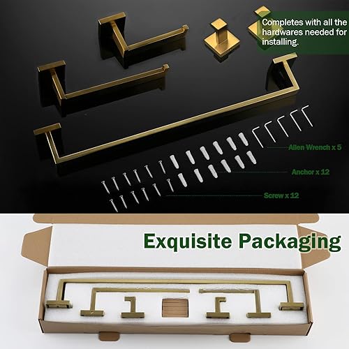 Miniatura 7 de VELIMAX Juego de 5 piezas de accesorios de baño de acero inoxidable de alta calidad, juego de toallero montado en la pared, oro cepillado, 24
