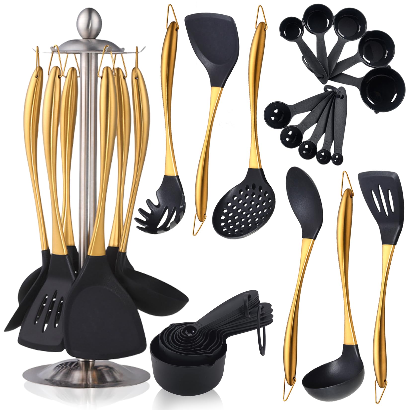 Silicone Kitchen Utensils Set for Cooking, 17pcs Gold Cooking Utensils Set with Rotatable Holder, Heat-Resistant Silicone Spatula Set, Non-Stick Kitchen Tools with Mearing Cups, Turners, Ladle