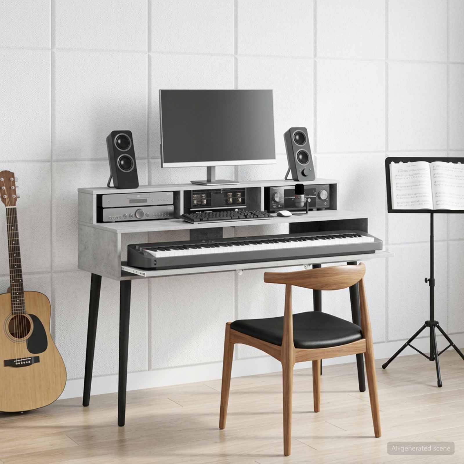 vidaXL Studio - Scrivania in legno duro, 152 x 42,5 x 36 cm, in legno ingegnerizzato, scrivania moderna e funzionale per la musica, mobile con tastiera in legno, arredamento minimalista