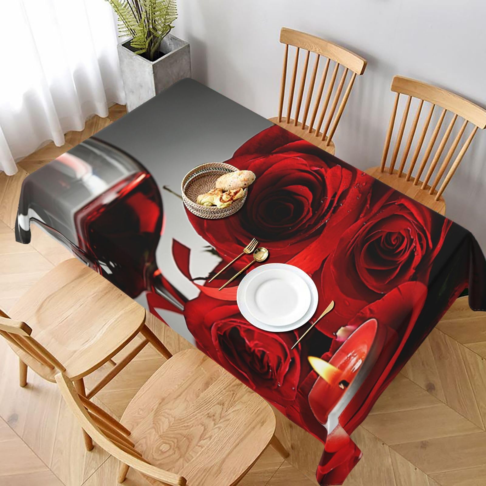 BNVSADC Red Rose and Wine Romantic Lovers Decor Printed Rectangle Tablecloth 228x152 CM, Water Resistant Polyester Table Cloth Decorative Fabric Table Covers for Kitchen Dining Table Parties Camping