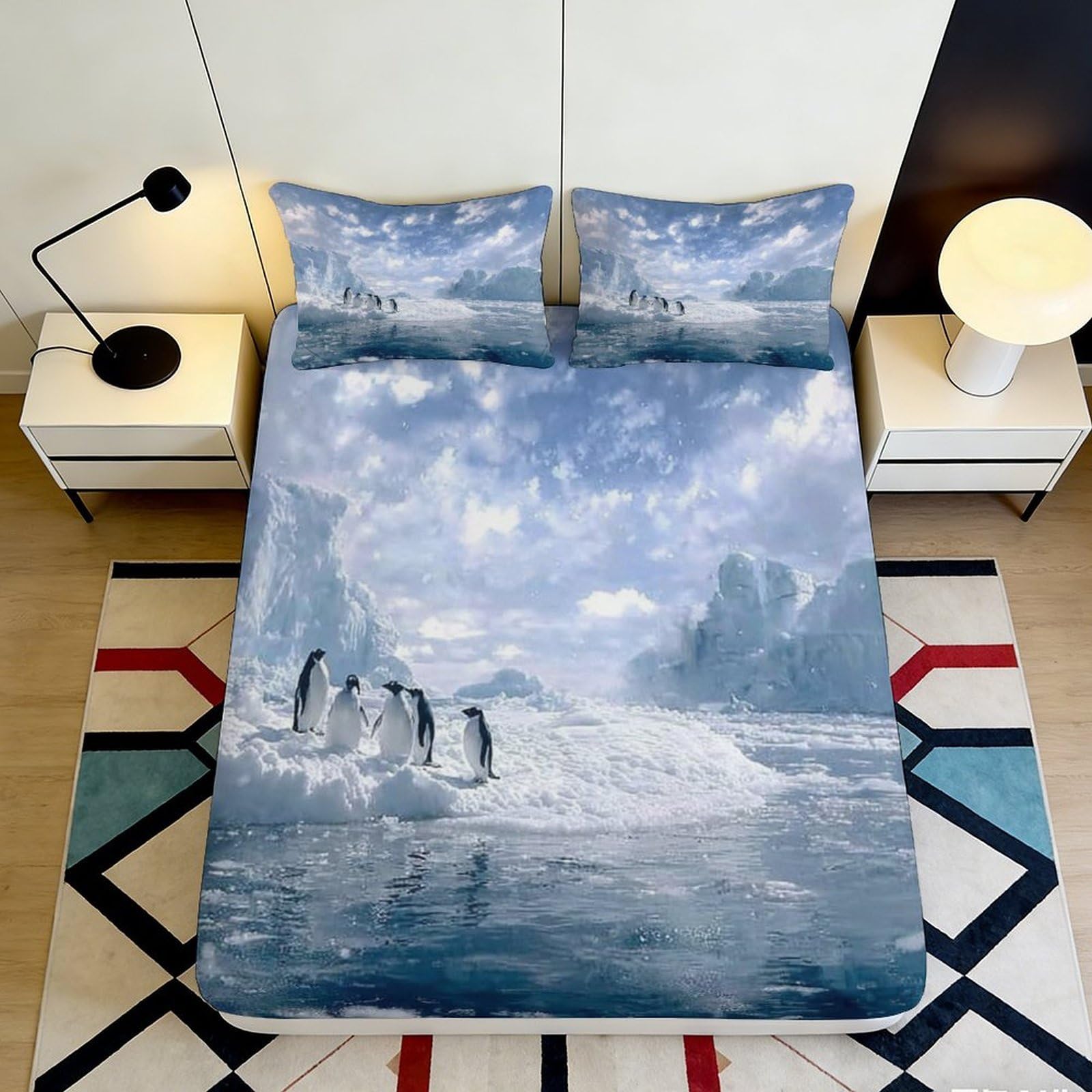 3D Printed Arctic Iceberg Fitted Sheet Microfiber Penguin Scene Mattress Cover for Bedroom Guest Room Decor 90x200x25cm