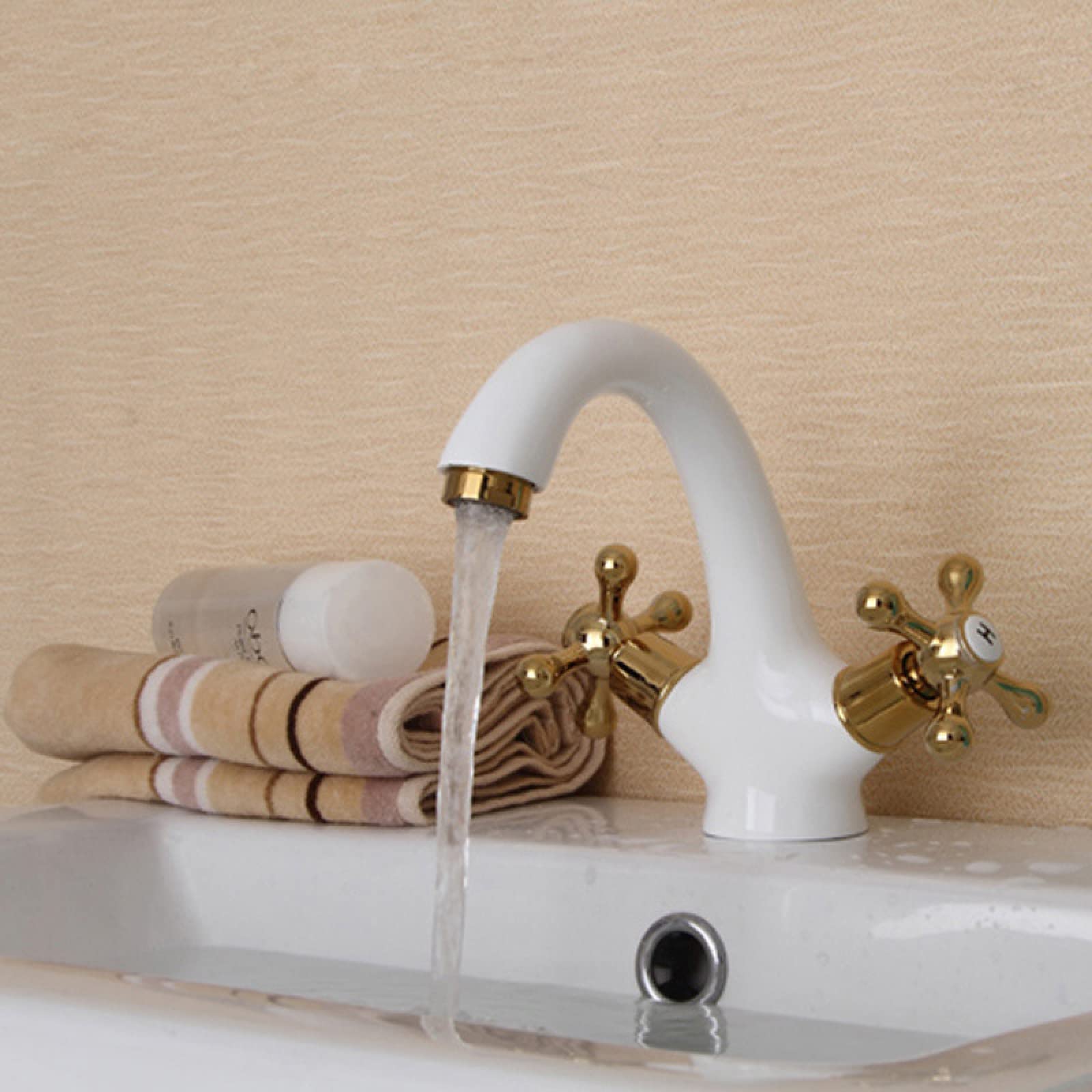 Grifo Mezclador Retro para Lavabo de Baño, Oro Blanco, Dos Manijas, Vintage, Latón, Agua Fría y Caliente