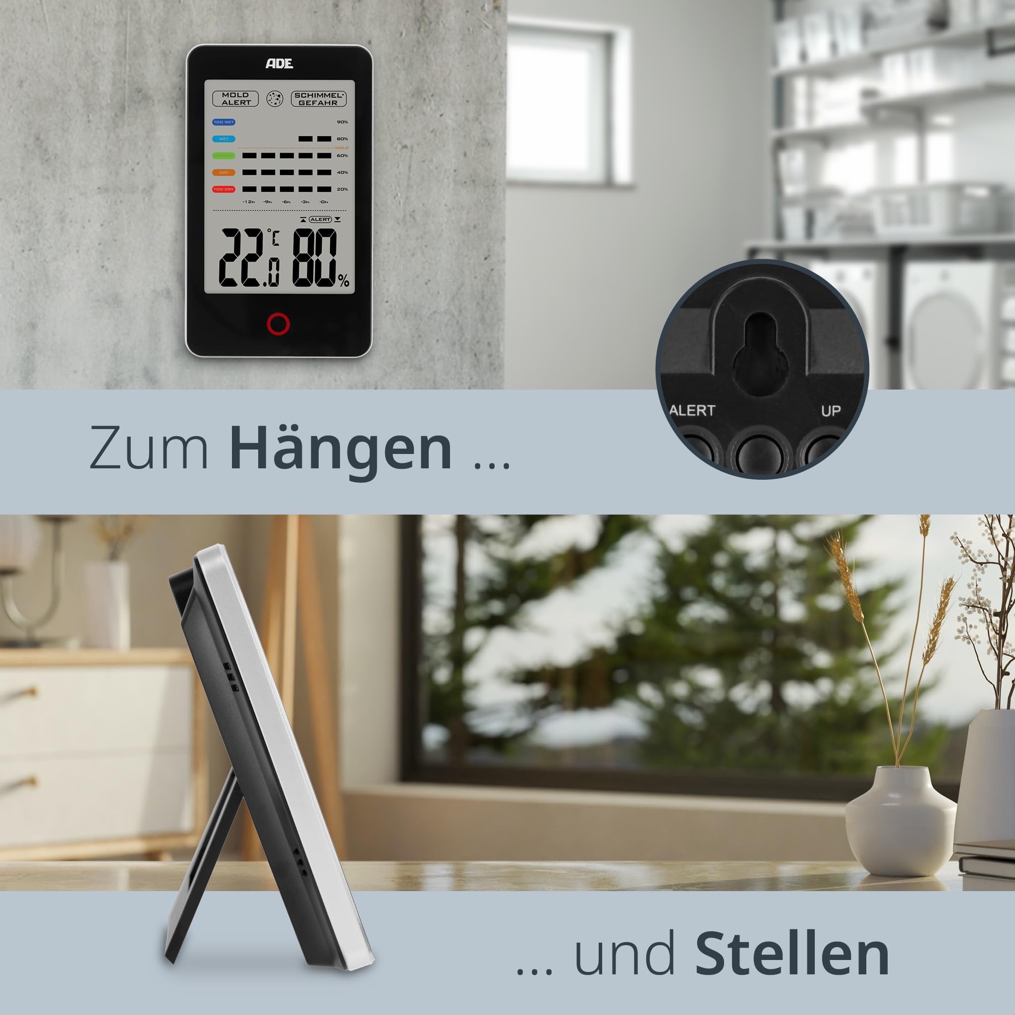 ADE Digitales Hygrometer innen mit Schimmelalarm | Feuchtigkeitsmessgerät mit Thermometer | Temperatur und Luftfeuchtigkeitsmesser | großes LCD-Display | Doppelpack | schwarz