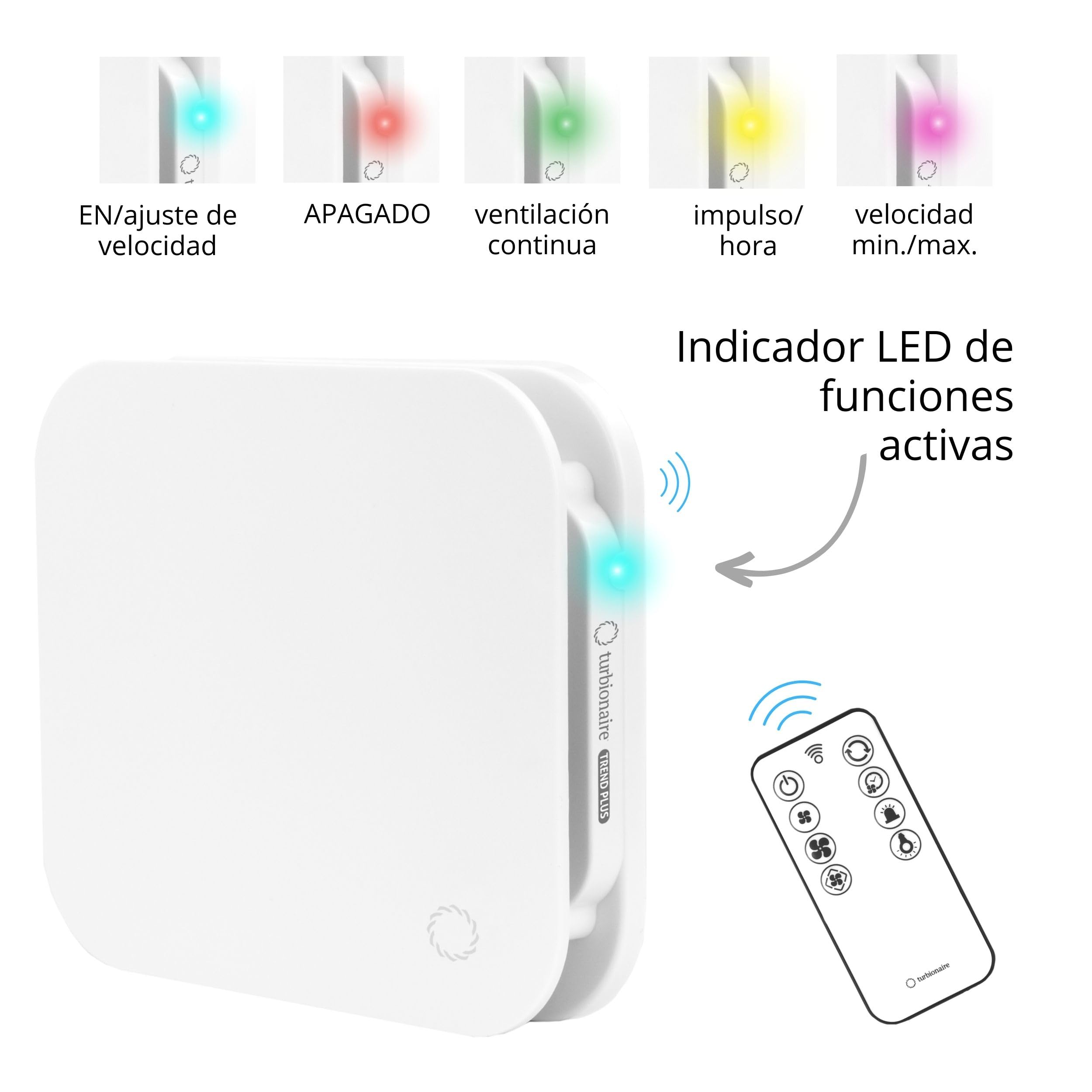 Turbionaire Trend Plus 100 mm Extractor para Baño, Mando a Distancia, Multifunción, 22dB, máx. 5.7 W, 7 velocidades + boost, Garantía de 3 años, Válvula de retención, Temporizador, Silencioso