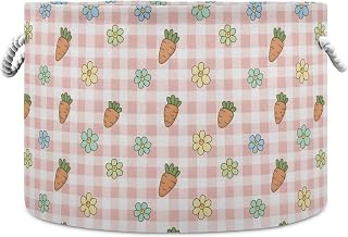Burbuja Gingham Kawaii Carrots Round Storage Basket with Cotton Rope Handles, Laundry Basket for Blankets, Nursery, Living Room Decoration