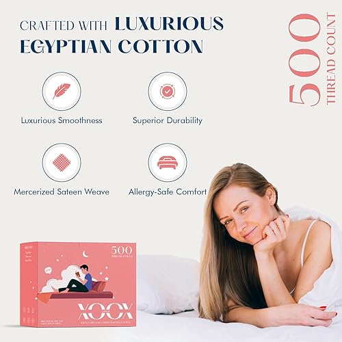 Miniatura 2 de XOOX Linen Juego de sábanas tamaño King de algodón - 500 hilos 100% algodón sábanas King juego de 4 piezas (azul claro), ultra suave, refrescante,