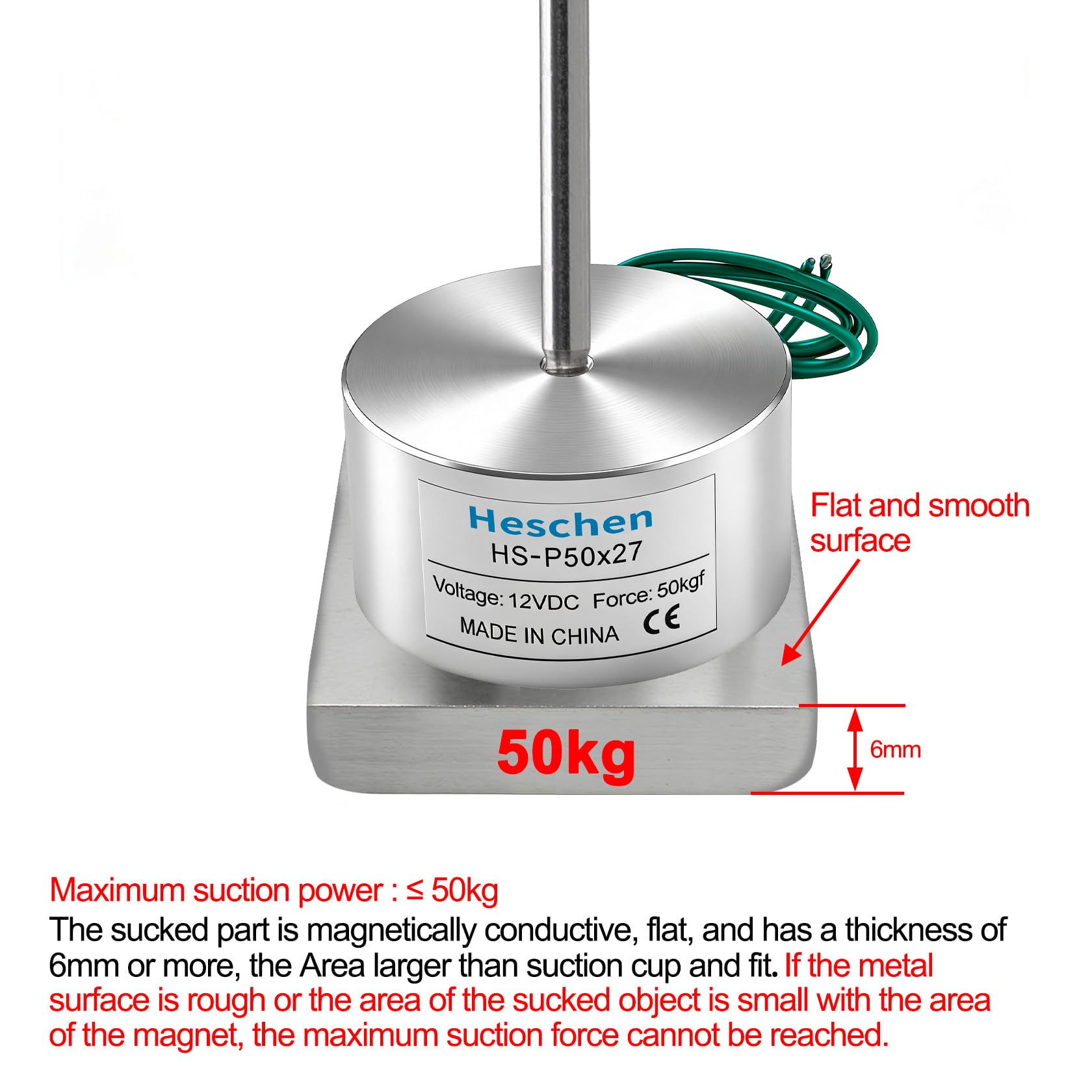Heschen Électroaimant solénoïde P50/27, 12 V, 50 kg, Argenté, Fer, 50 mm x 50 mm x 27 mm