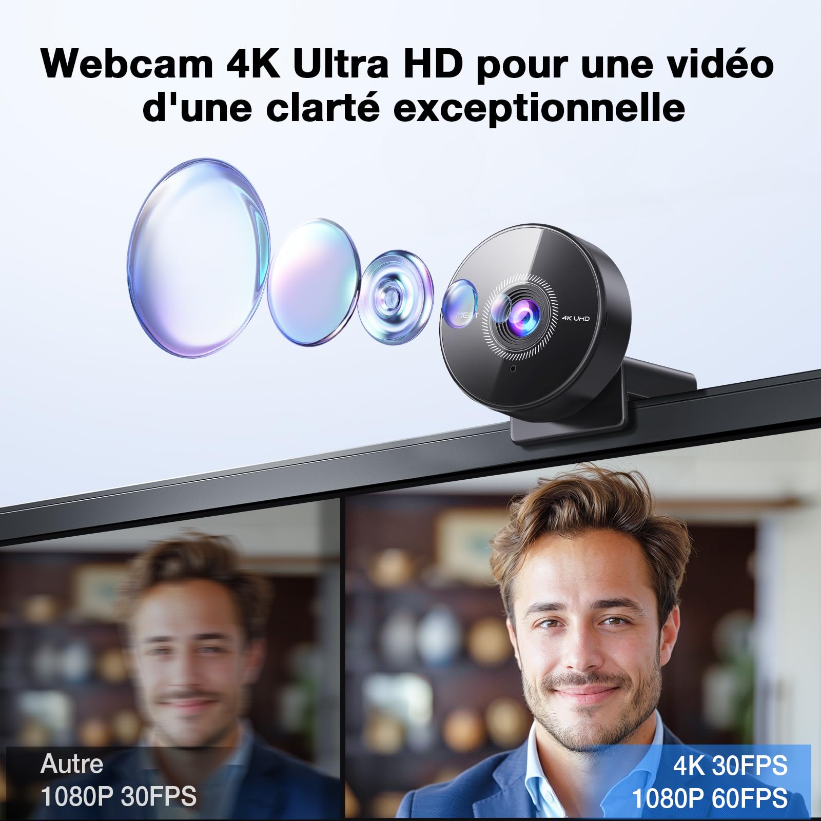 eMeet C950 4K Webcam PC, 4K UHD 8MP, PDAF Autofocus, Microphone Suppression Bruit, 1080P@60FPS, USB 2.0