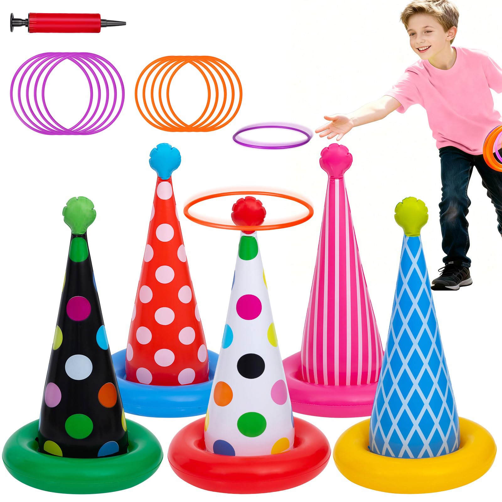 Photo 1 of Inflatable Ring Toss Game, Birthday Party Games Ring Toss Game for Kids Adults Birthday Party Decorations Lawn & Yard Games Toys for Family 5-Pack with 10 Plastic Rings