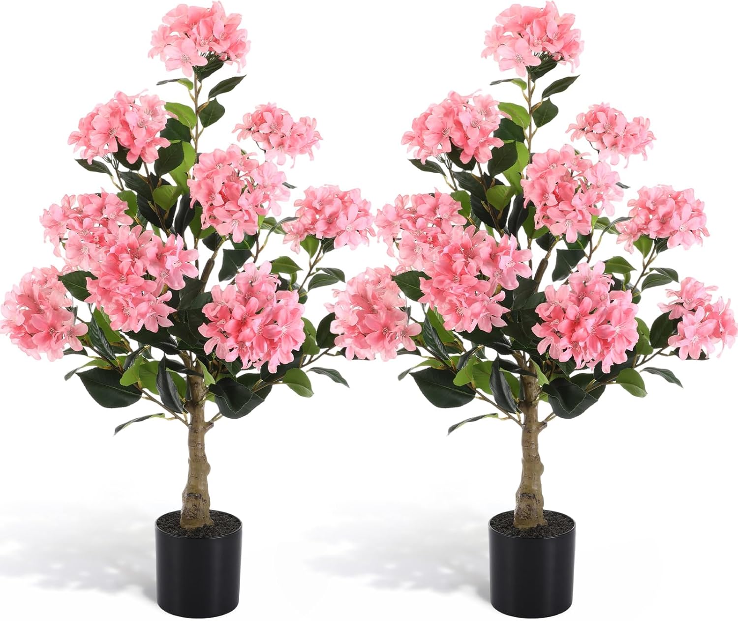 2 Pack 3ft Artificial Hydrangea Tree Faux Hydrangea Plant Indoor Outdoor Fake Flower Tree with Cement Base Pot Real to Touch Plant Decoration for Home Garden Office Housewarming Wedding(Pink)