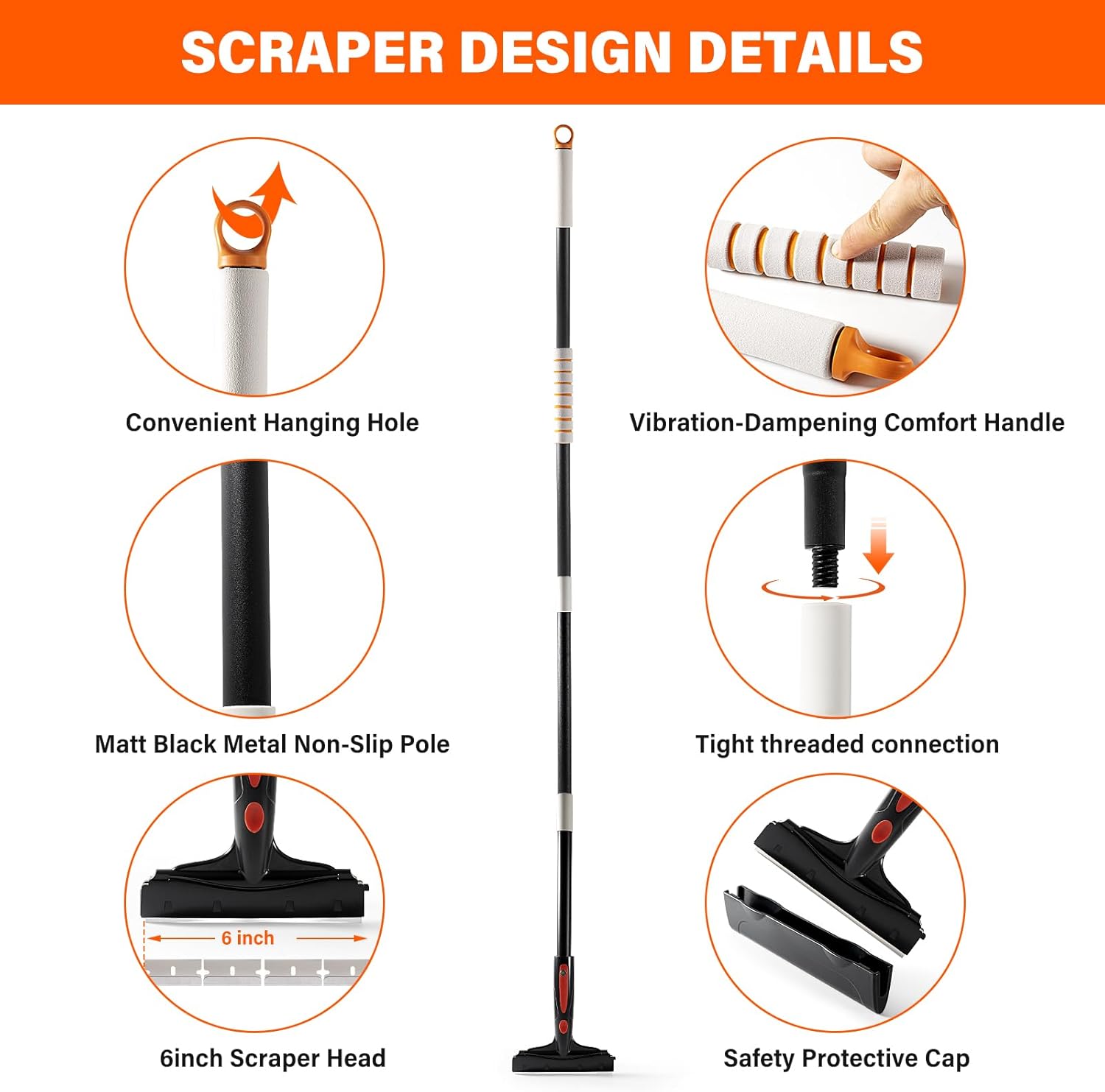 Gomake Floor Scraper Heavy Duty 6" Wide Razor Blade Scraper Tool with Adjustable 17‘’-59" （1.4ft- 4.9ft） Long Handle, 10PCS Extra Metal Blades