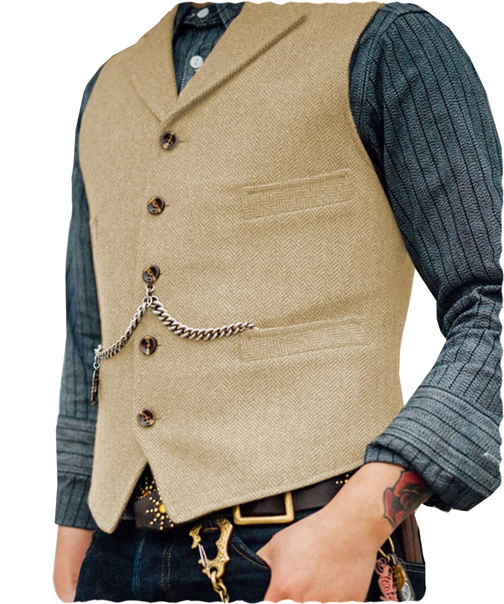 AeoTeokey Classic Mens Wool Tweed Suit Vest Casual Sleeveless Jacket Herringbone Waistcoat for Tuxedos(XS,Champagne)