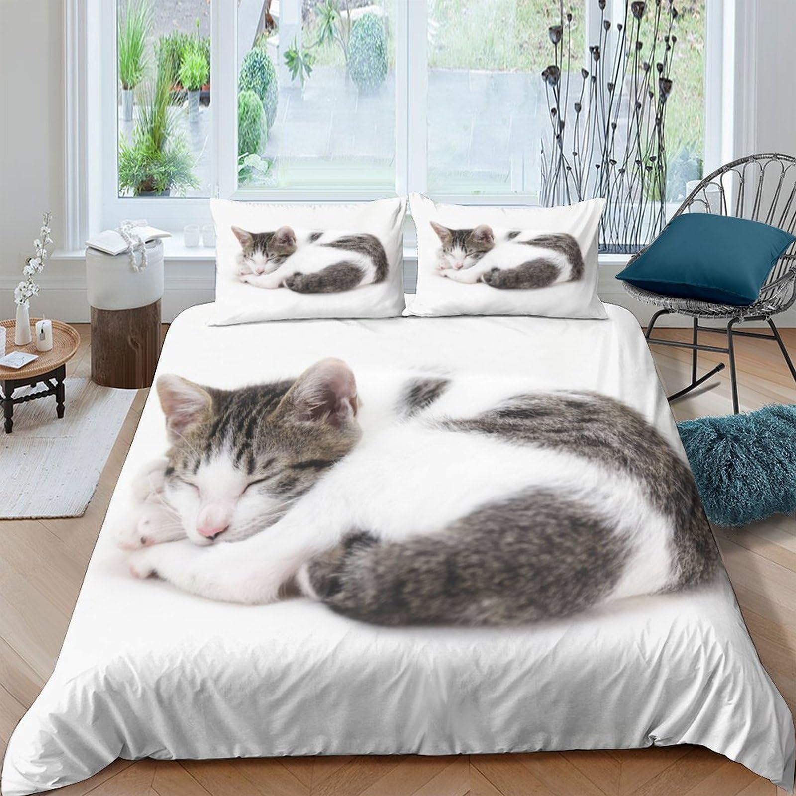 Ctjqhvkz Style-9 3D Printed Sleeping Cat Fitted Sheet Microfiber Soft White Grey Kitten Bed Cover For Bedroom Dorm Room Décor Single（135X200cm）