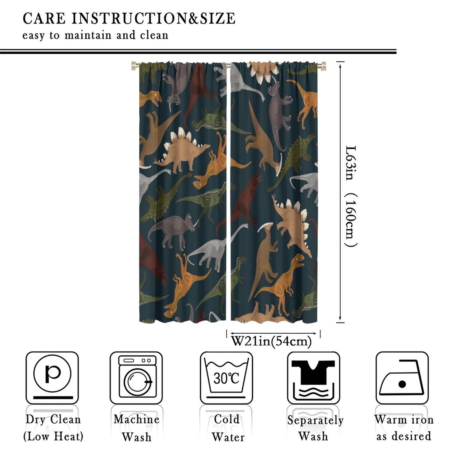 Colorful Dinosaur Blackout Curtains for Bedroom,Kids Room Decor Cartoon Funny Jungle Wildlife Dinosaur Window Drapes - Thermal Insulated and Noise Reduction,2 Panels 63L x 21W Room Darkening Curtains