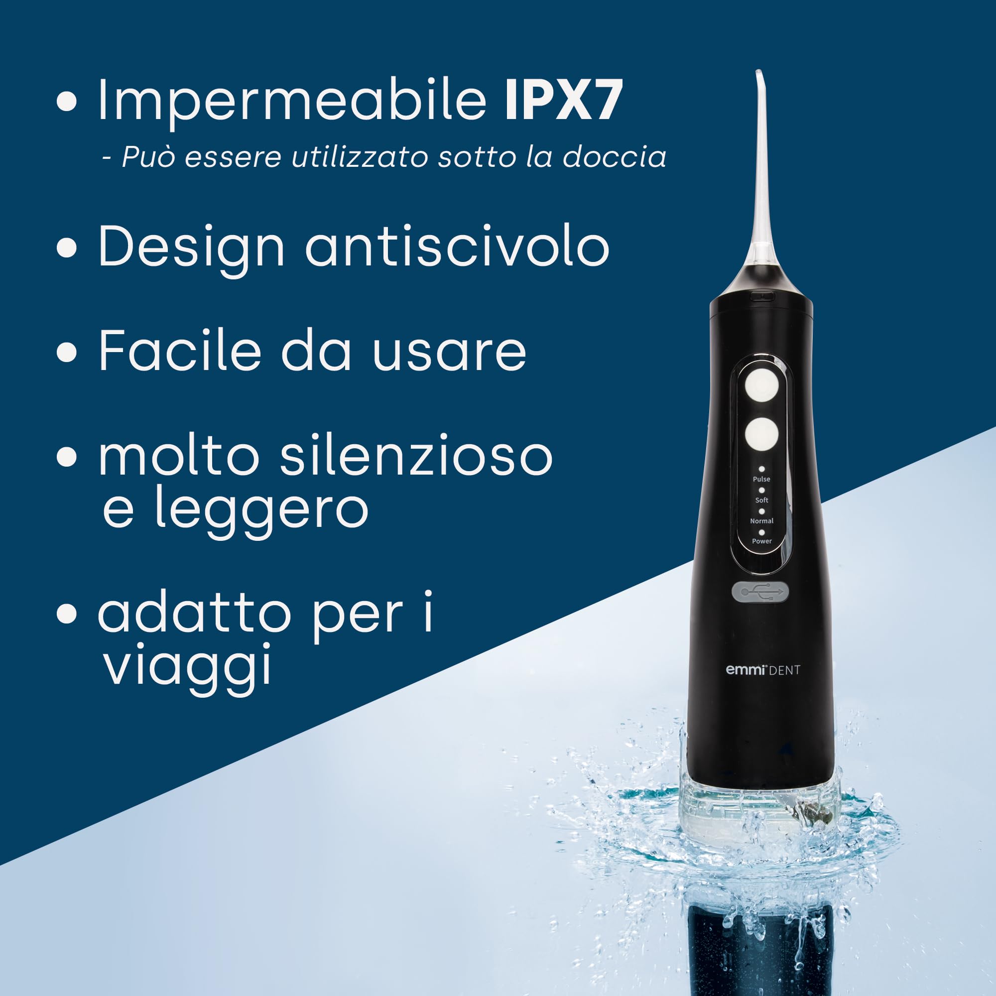 emmi-dent Irrigador bucal inalámbrico, 310 ml, limpiador interdental con limpieza a 360° para un cuidado dental profundo, 4 modos de limpieza, 4 boquillas