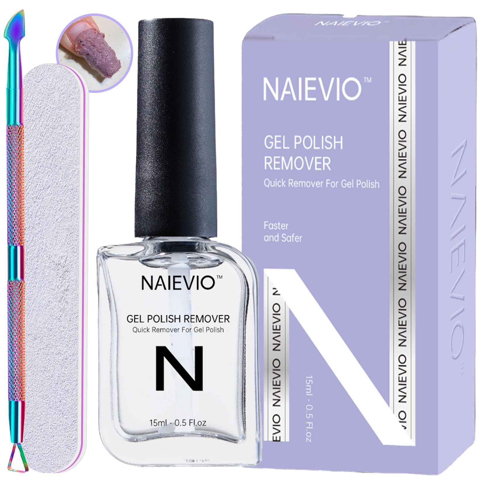 Gel Polish Remover Kit - Remove Gel Polish in 3-5 Min! No Soak & Foil-Free Gel Nail Polish Remover with Cuticle Pusher & File for Salon Results at Home (0.5 fl oz)