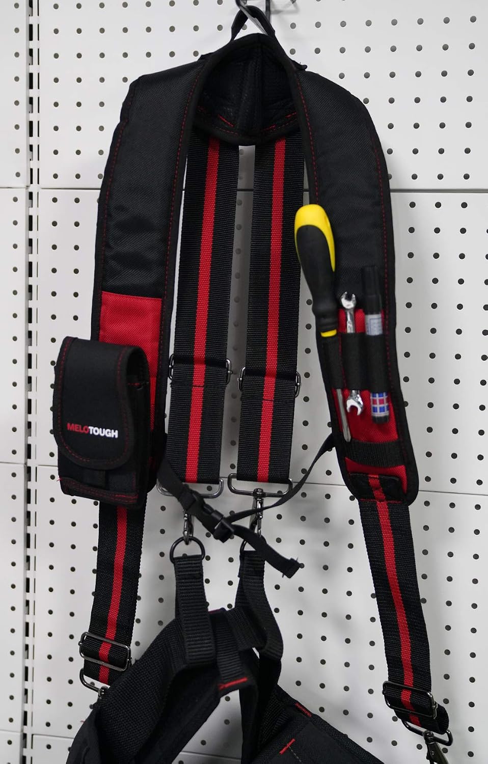 MELOTOUGH Tool Belt Suspenders Construction Work Suspenders with detachable phone holder comfortable foam shoulder padder (Red)