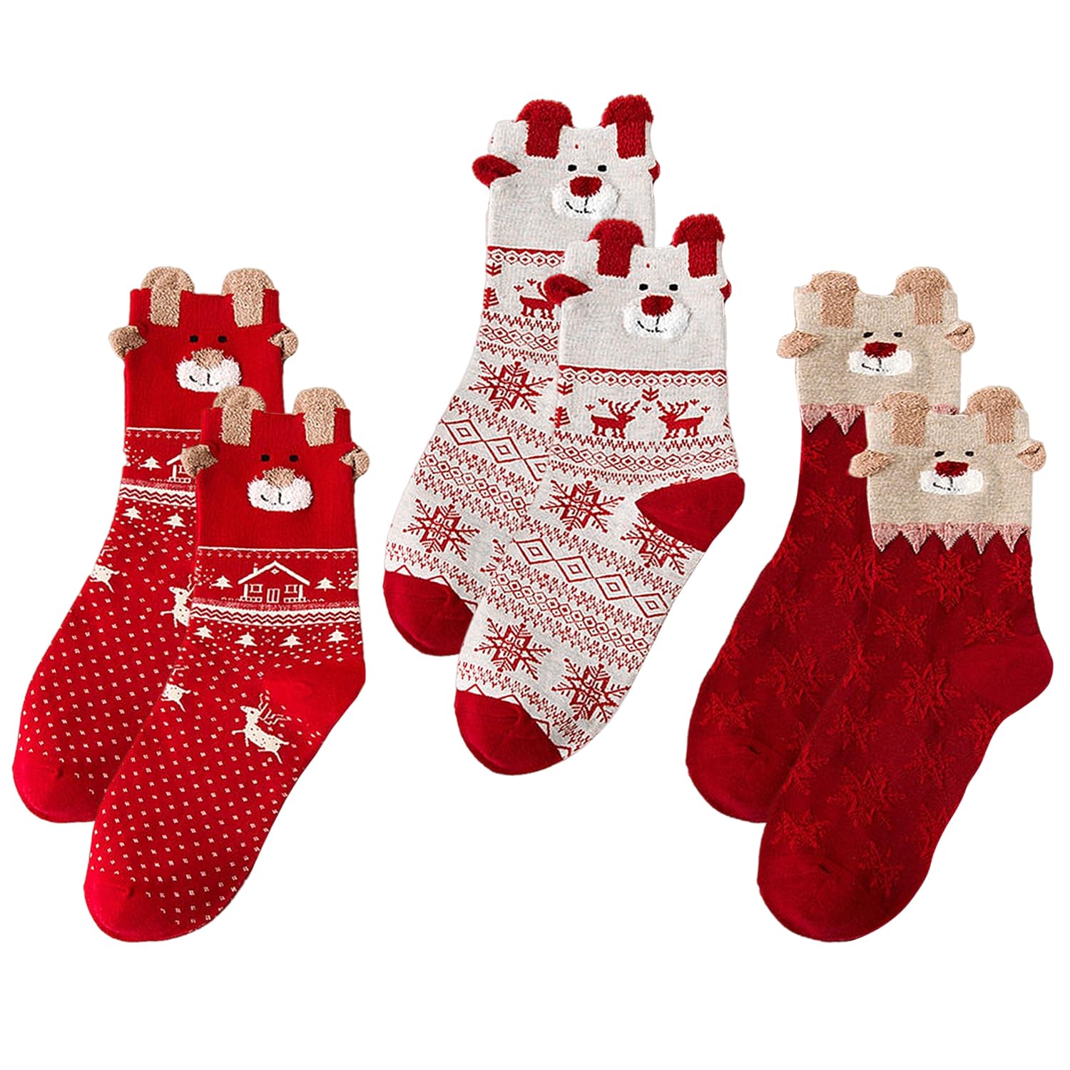Ubsiuh Unisex Red 3 Pairs Of Christmas Elk Socks, Winter Thickened Warm Socks,Suitable For Daily Wear In Winter.