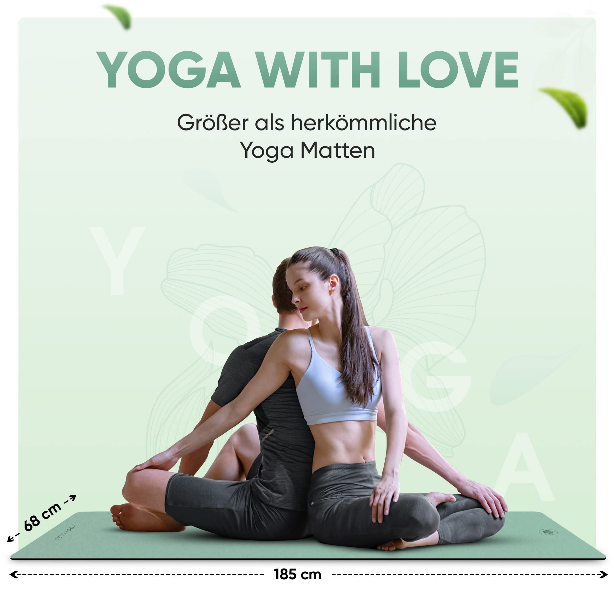Premium Yoga-Matte STUDIO 185 x 68 x 0,4cm (extra groß) inkl. Gurt aus ECO PU & Naturkautschuk - Antirutsch-Beschichtung Gymnastik & Pilates-Matte 100% nachhaltig, schadstofffrei