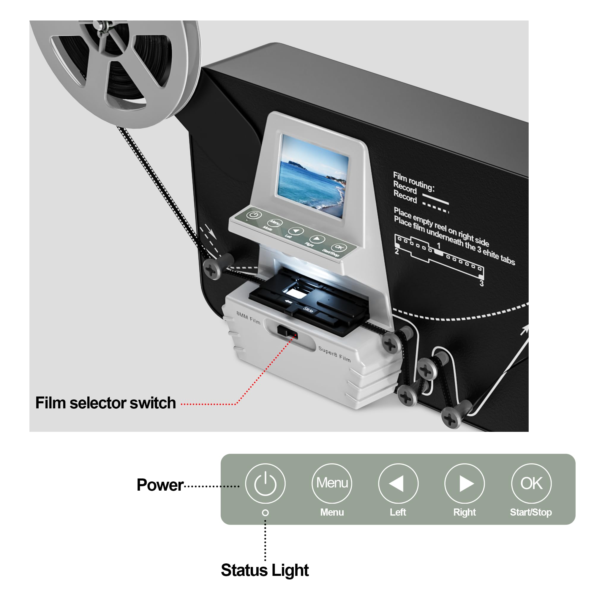 Super Escáner de 8/8 mm, convertidor en Rollo Digital (película Sobre Rollo de 3 pulgadas, 5 pulgadas, 7 pulgadas y 9 pulgadas), digitalizador de vídeo Con pantalla LCD de 2,4 pulgadas