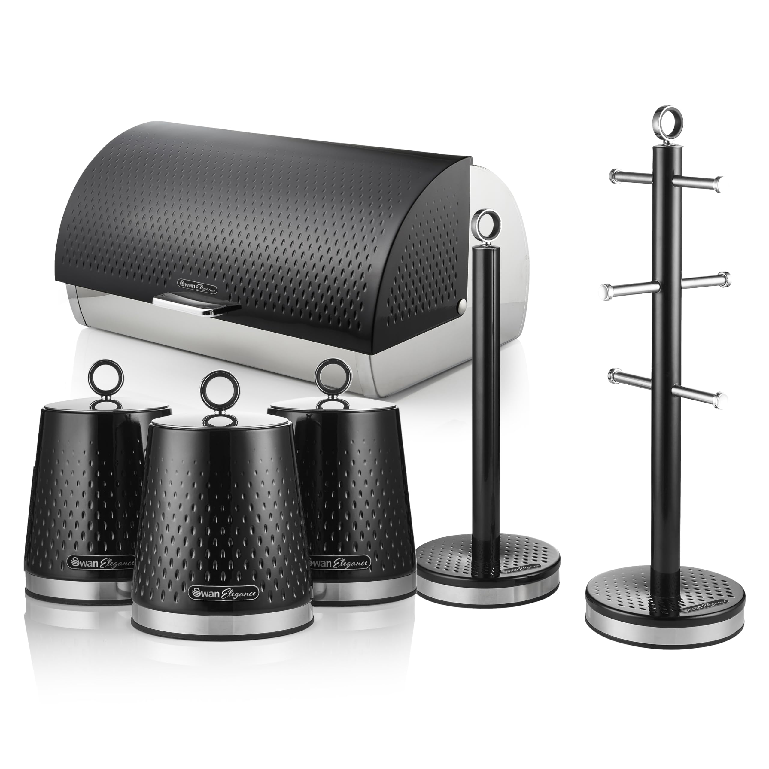 Swan Unisex Black Elegance Bread Bin, Set Of 3 Canisters, Towel Pole & Mug Tree In