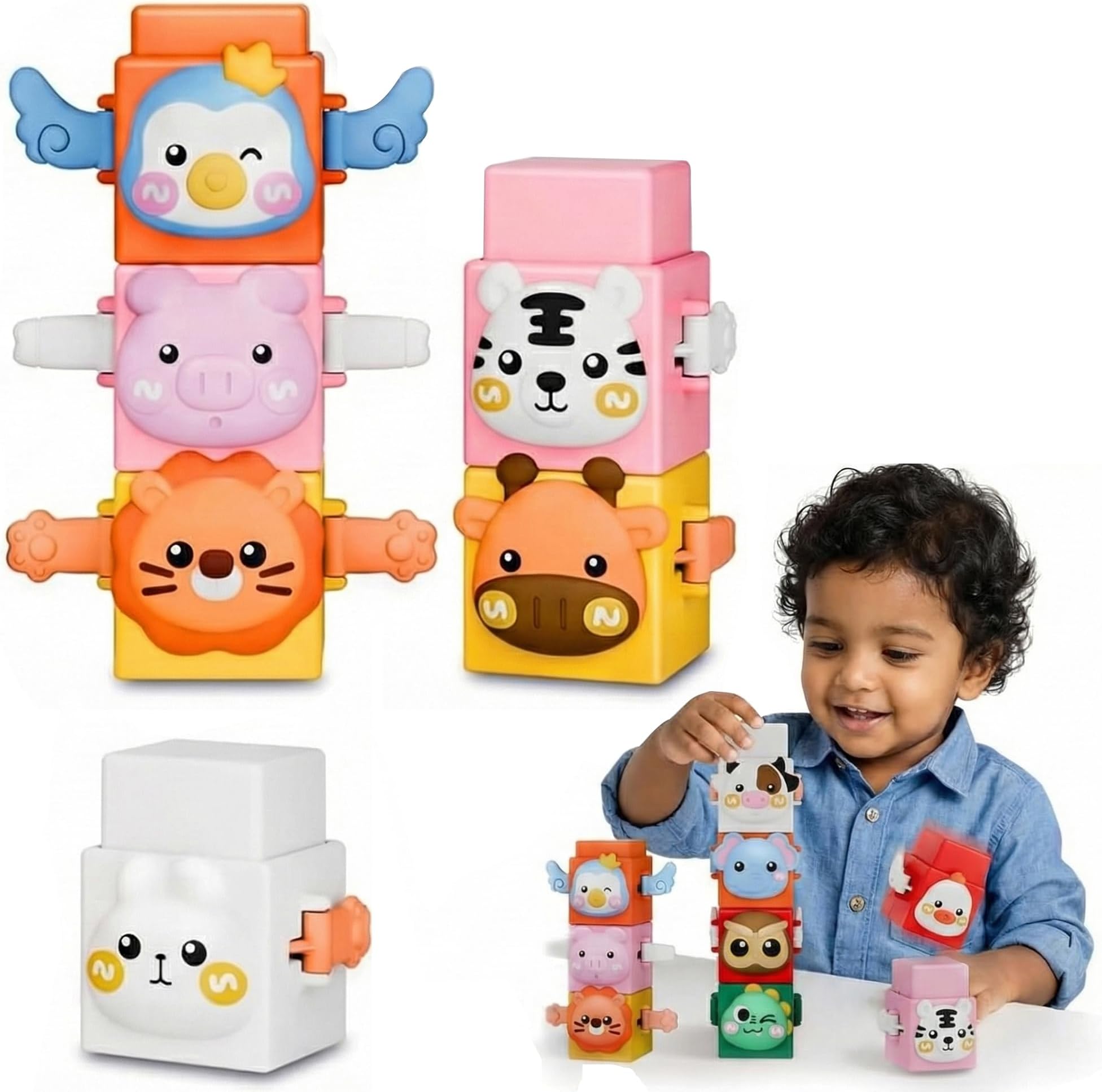 Kidology 6 PCS Animal Stacking Cubes Set | Pressable Montessori Learning Blocks for Toddlers 1+ Years | Sensory Stacking Sorting & Plugging Toys | Travel Friendly Educational Gift for Boys & Girls