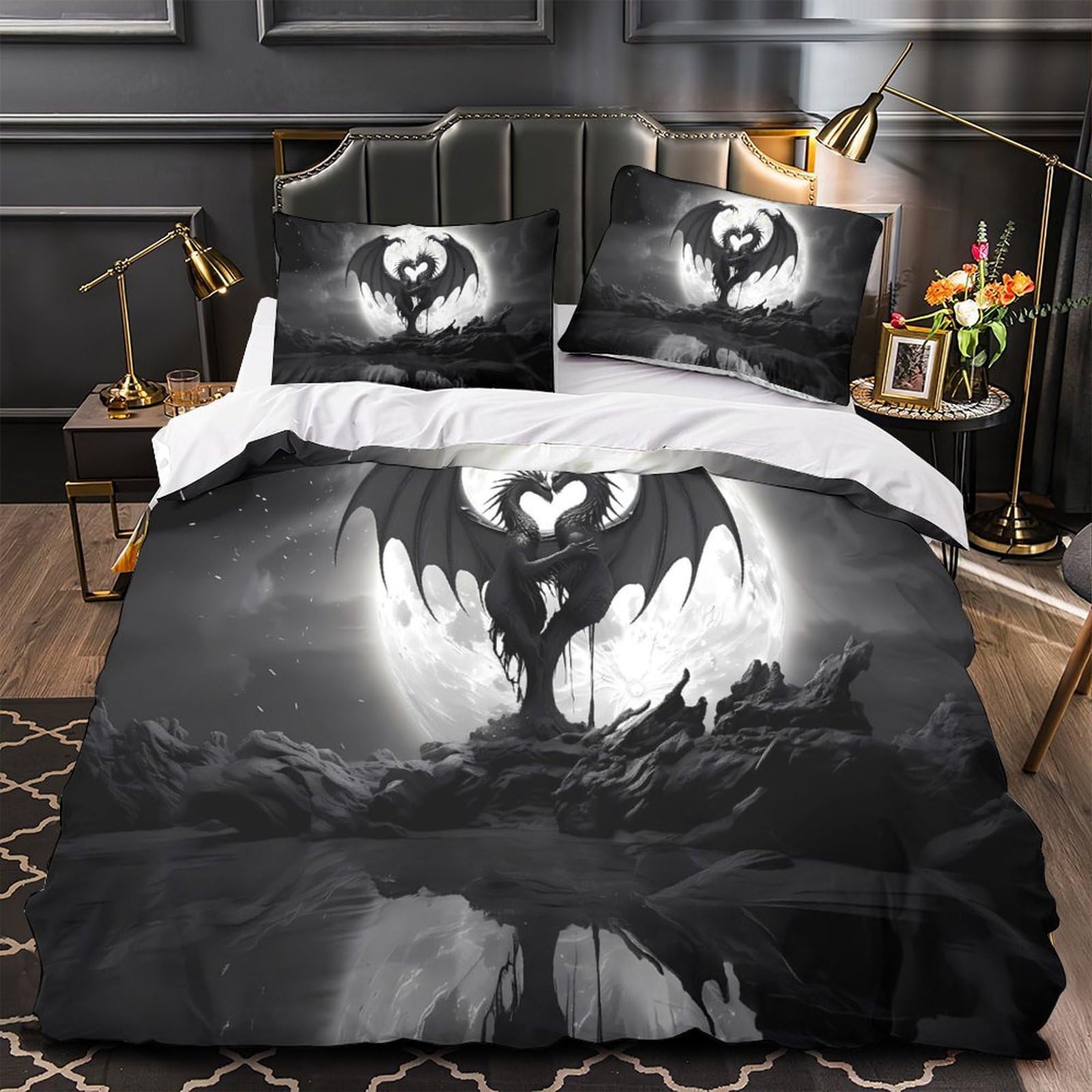 Housse de couette dragon 3D en microfibre hypoallergénique pour lit simple de 135x200cm