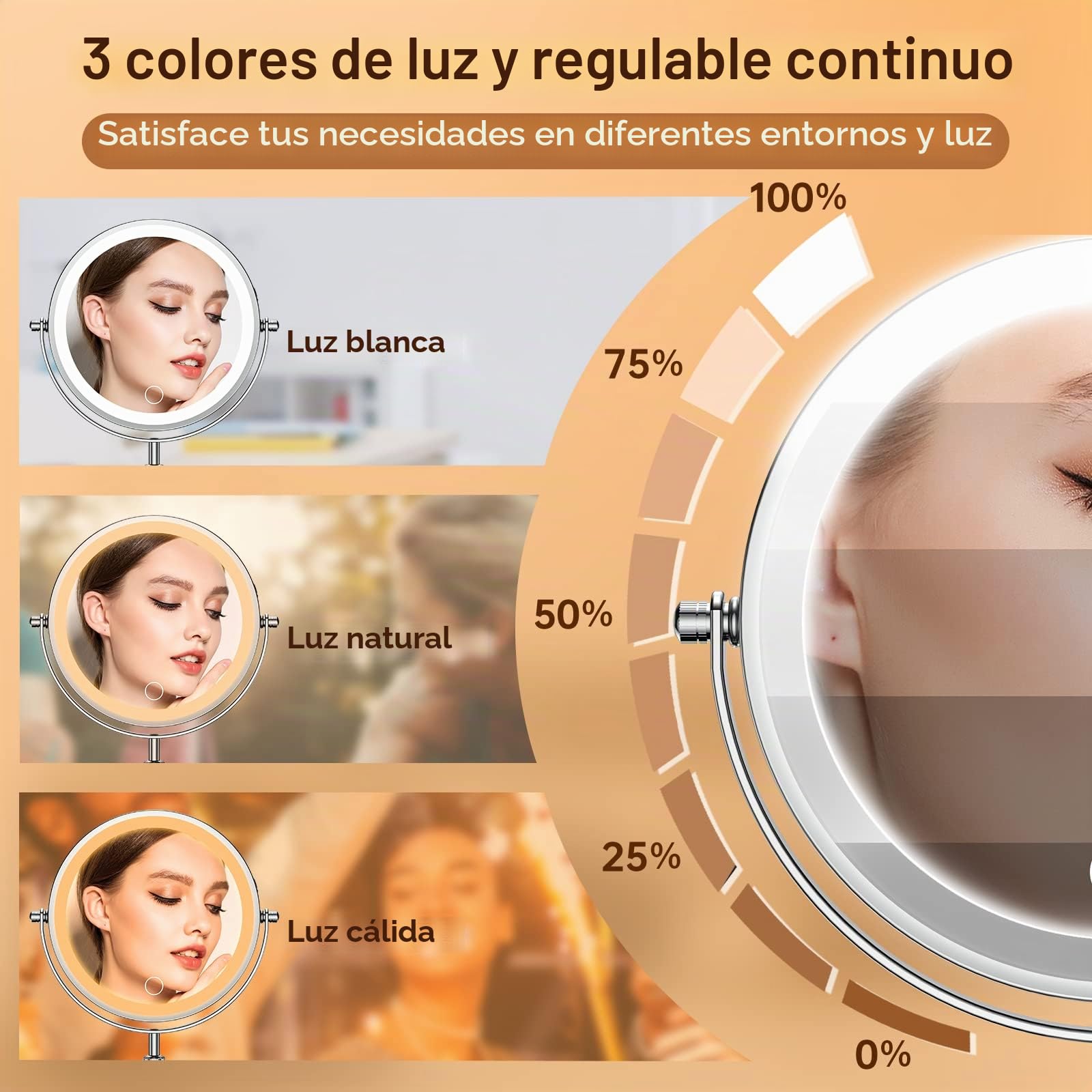 Gospire Espejo de Maquillaje Iluminado de 7 Pulgadas con Aumento 10X/1X, Altura Ajustable y 3 Luces Regulables de Color, Giratorio de 360° de Doble Cara, Recargable, LED, tocador, Espejo de pie
