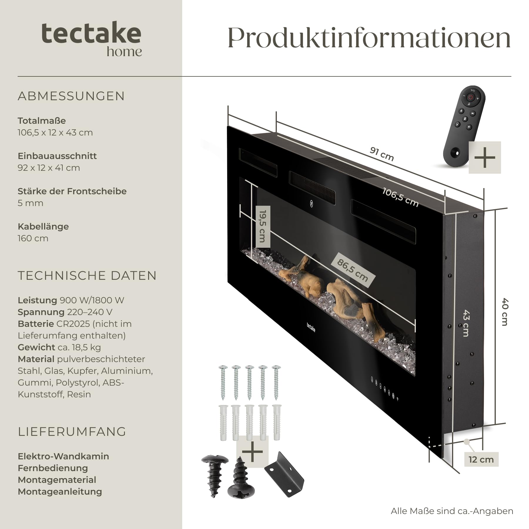 tectake® Elektrokamin Wand, elektrischer Kamin, 2 Heizstufen 900W/1800W, 3D Flammeneffekt, viele Farbeinstellungen, Kamin elektrisch mit Fernbedienung, App Steuerung, Thermostat - 106,5 x 12 x 43 cm