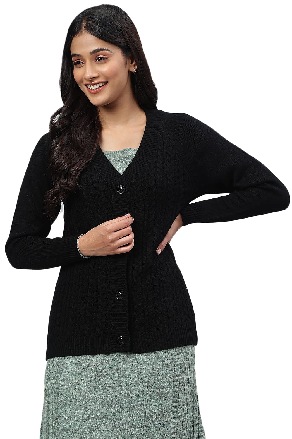 aurelia Women Black Acrylic Solid Yarn Dyed Straight Short Coat-picture-13