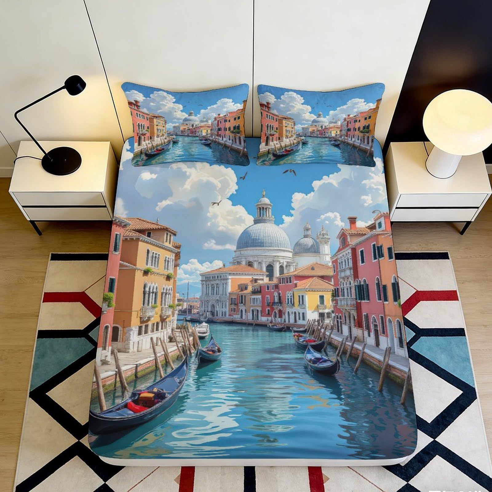 3D Printed Venice Canal Fitted Sheet Microfiber Soft Breathable Scenic View Bed Cover for Bedroom Dormitory Guest Room Mattress Protection Decor 200x200x25cm