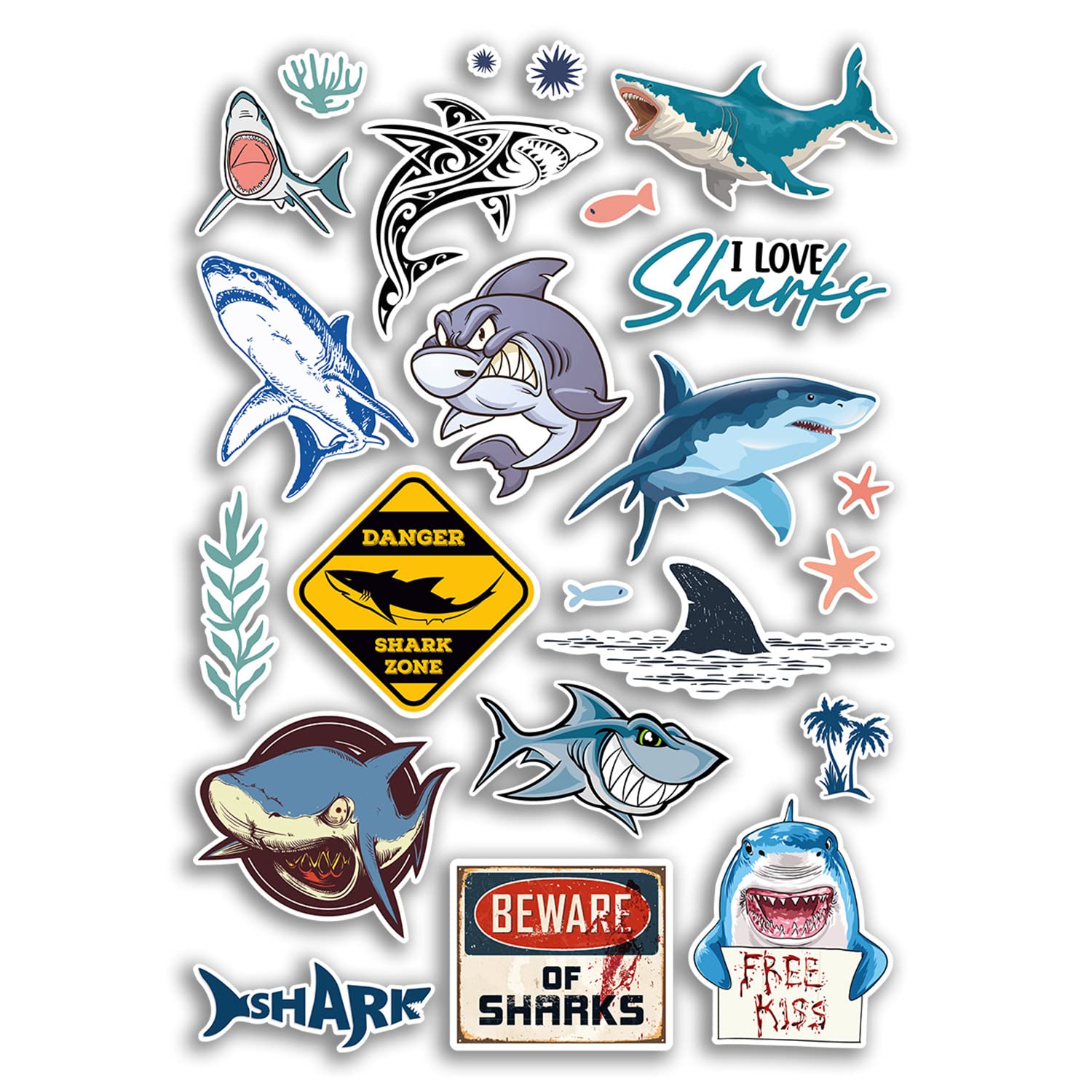 A4 Sticker Sheet Sharks Vinyl Stickers - Beware Scuba Diving Sea Creature Dangerous Funny Love Cartoon Illustrations Hobby Scrapbooking Gift #78897