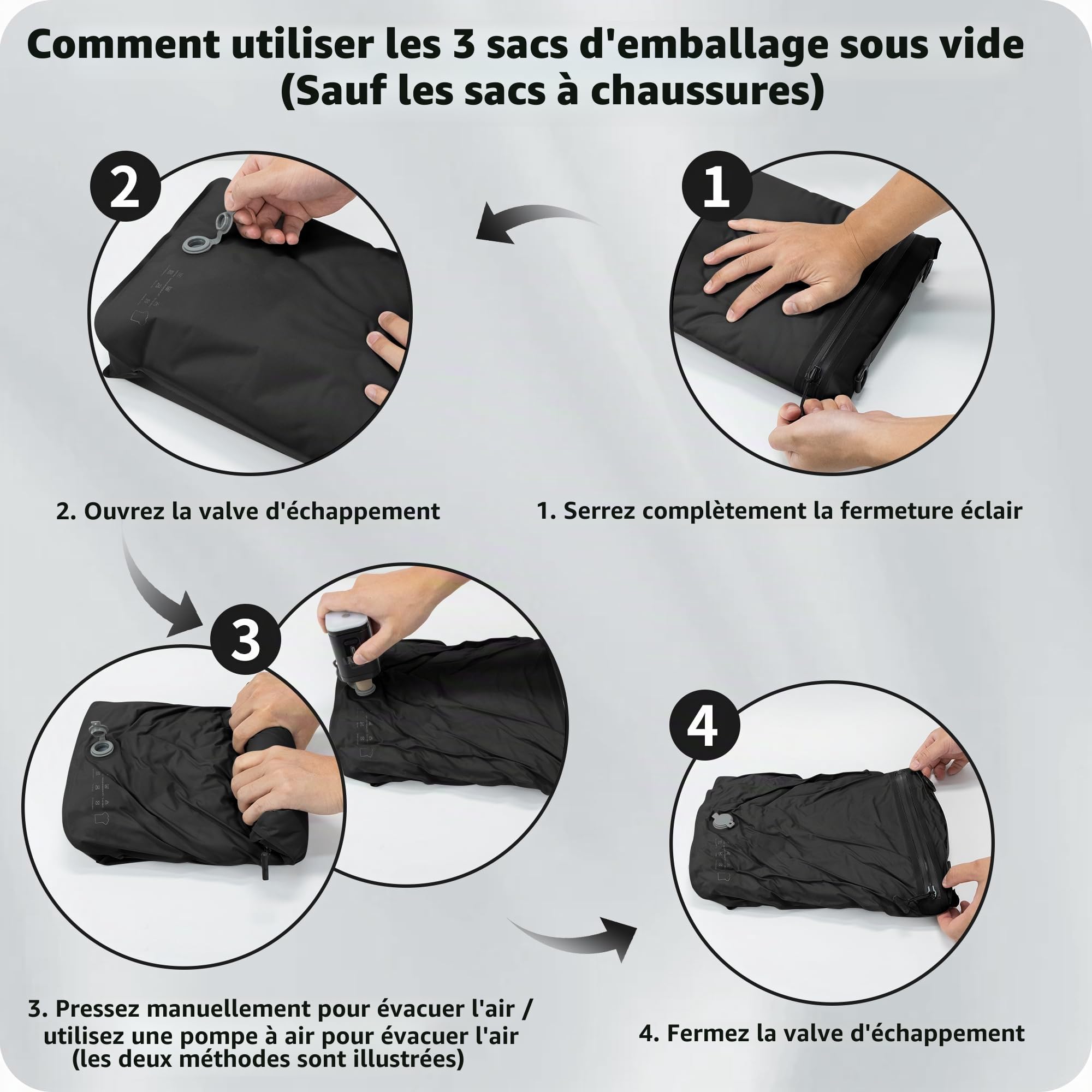EULANT Lot de 4 Réutilisable Cubes de Compression Sous Vide pour Voyage,3 Sacs Sous Vide Etanches + 1 Sac à Chaussures, Organiseur de Sac de Voyage pour Bagage à Main