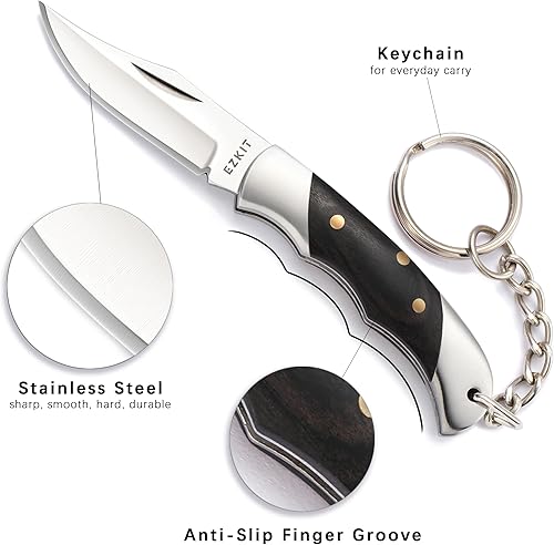 Miniatura 3 de EZKIT Cuchillo de bolsillo pequeño, cuchillo EDC con mango de acero inoxidable y madera, cuchillo plegable pequeño, longitud de la hoja 1.5 pulgadas