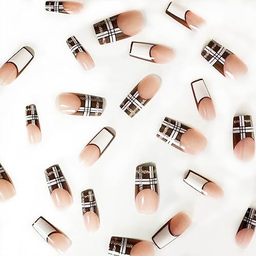 Miniatura 4 de Uñas postizas a presión con punta francesa marrón, uñas acrílicas cuadradas medianas, uñas acrílicas de Acción de Gracias, uñas con pegamento con