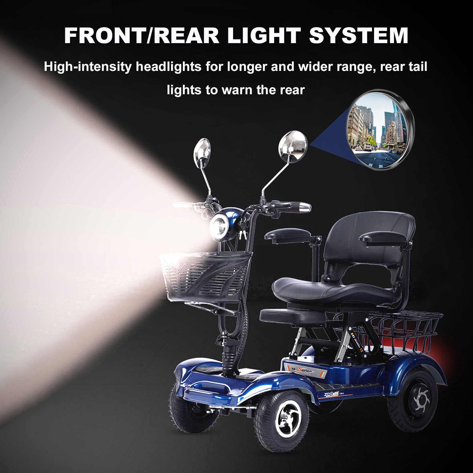 4 Wheel Mobility Scooter, Electric Power Mobile Scooters for Seniors Adult with Lights Collapsible and Compact Duty Travel Scooter, Up to 25 Miles Range, w/Charger and Extended Battery,Bleu