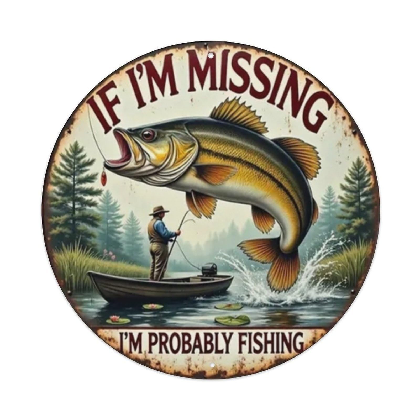 Fishing-Themed Round Tin Sign Vintage Metal Sign Home Bar Garden Wall Decor Metal Poster 8x8 Inch