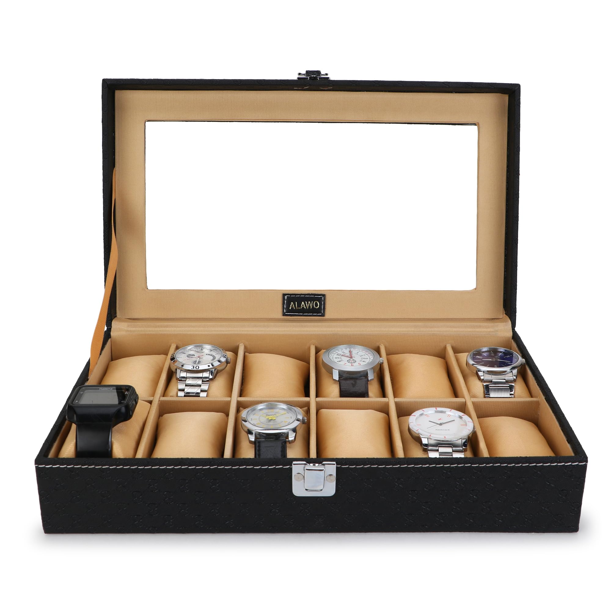 ALAWO Watch Box Organizer Case with 12 slots of Watches in Transparent Display with Black & Cream Cream Color in PU Leather (B0C8VKZ1X7) Amazon Price History, Amazon Price Tracker