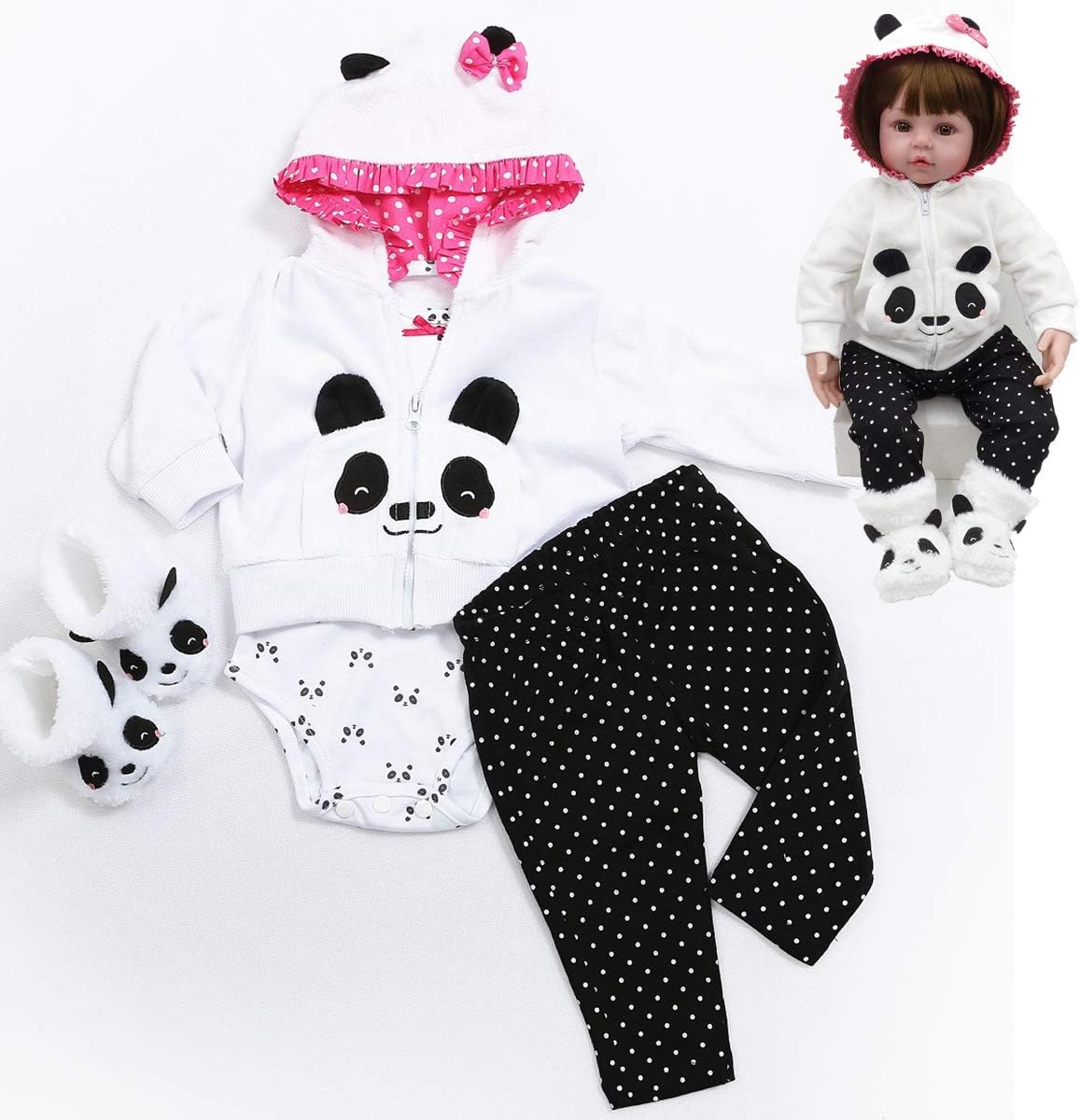 Reborn Baby Girl Dolls Clothes 18 inch Panda Set for 17-19 inch Reborn Doll | 4 Pcs Newborn Baby Doll Girl Clothes Accessories,Baby Doll Clothes Panda Outfit,Pretend Play Set,Gift Giving for Boys&Girls