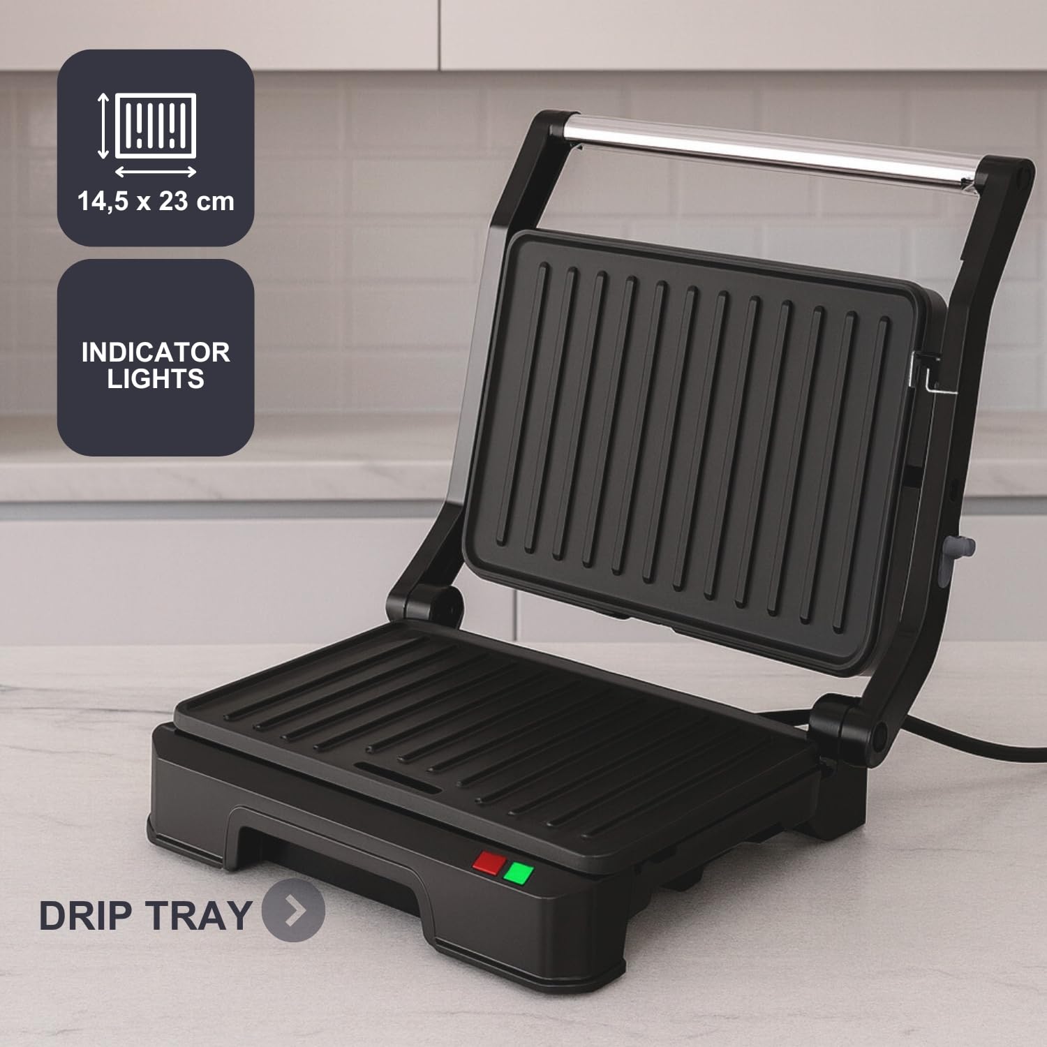 Black+Decker – Grill BXGR1001E | 1000W | Ouverture 180º | Plaques 23x14,5 cm avec blocage | Ddouble couche antiadhésif sans PFOA | Couvercle flottant | Bac récupérateur | Voyants lumineux | Cool-touch