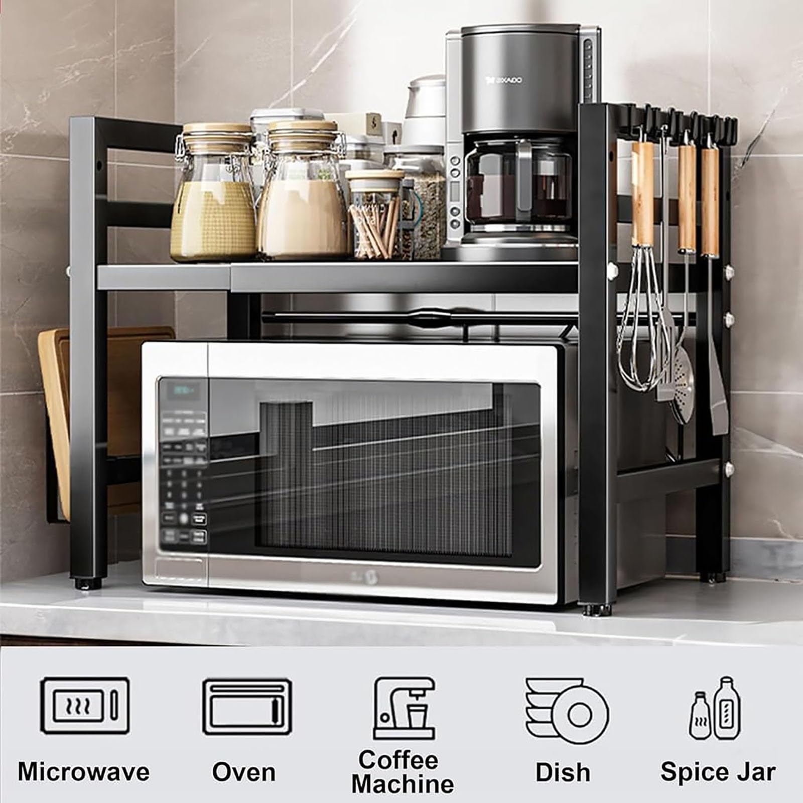 Estantería extensible para microondas, organizador para hornos, estante de cocina, estante de especias de pie, con 6 ganchos para encimera, estantes de panadería (negro)