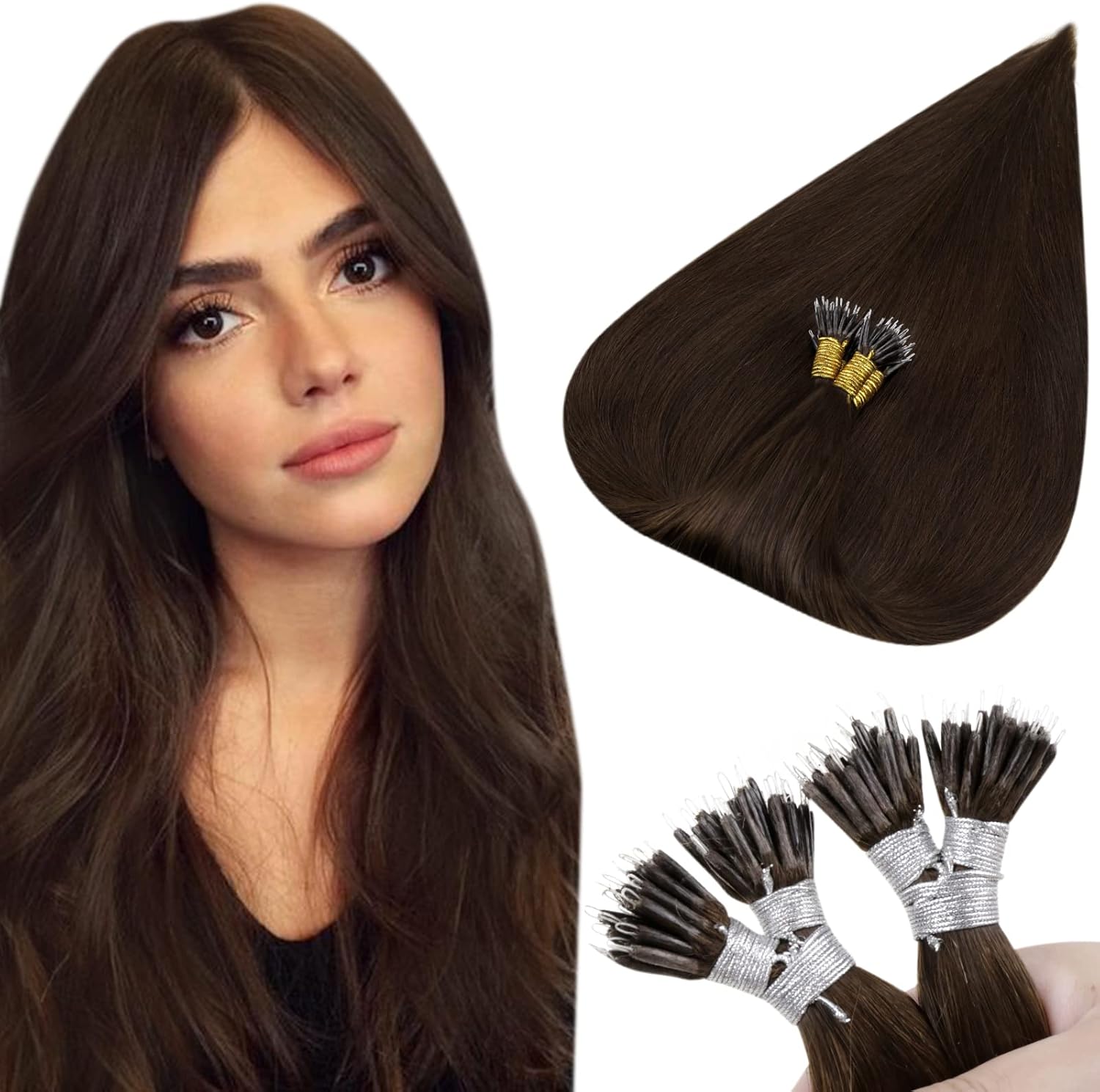 Hetto Brown Nano Ring Hair Extensions Real Human Hair Nano Beads Hair